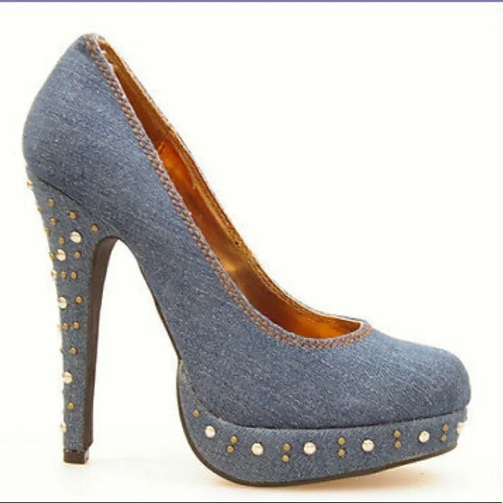 2/$20 Denim Studded Platform Pumps - Picture 1 of 8
